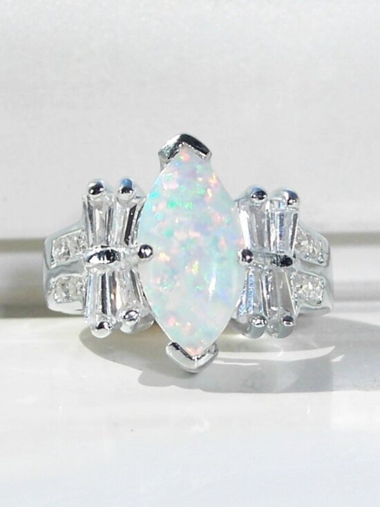 Jewelry - 925 STERLING SILVER Marquise Lab Created White Fire Opal & CZ Ring